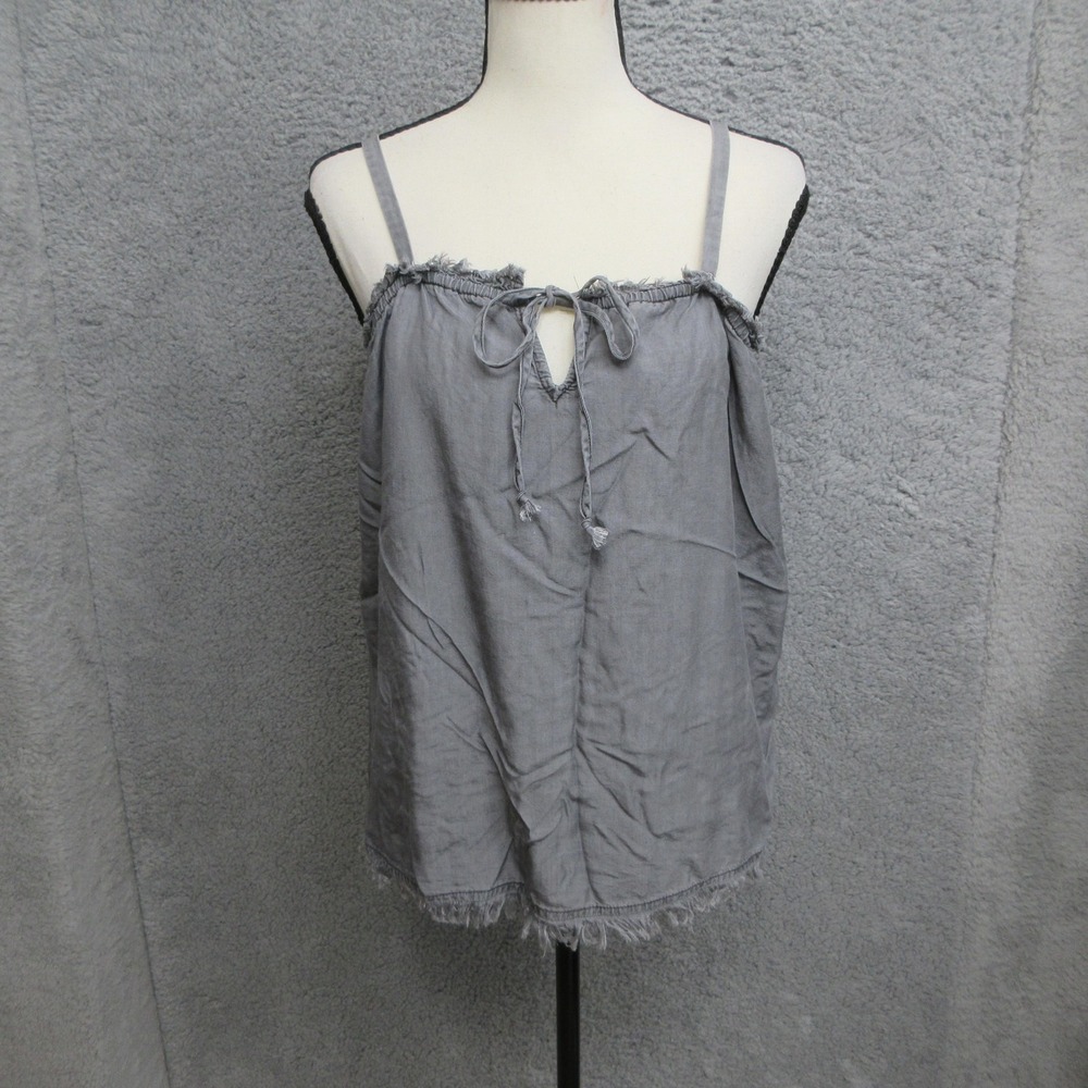 Ella Blue Fringe Hem Cami Tank Womens M‎ Gray Tie Front Keyhole Boho Casual